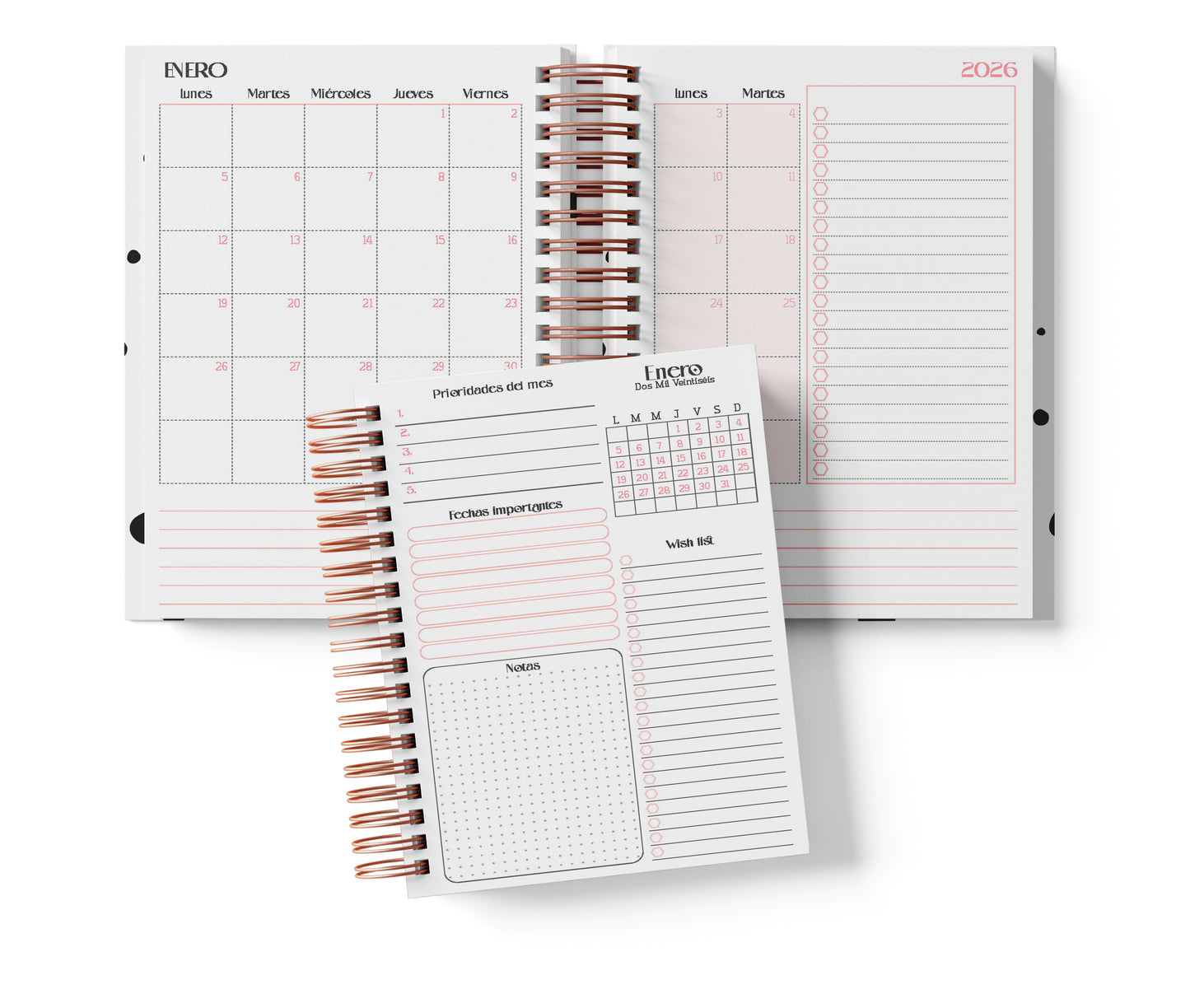 Agenda Semanal Digital 2026–2027 en Español • Formato Horizontal • Minimalista Rosa • Media Carta 14×21.5 cm / 5.5×8.5 in • PDF 224 páginas