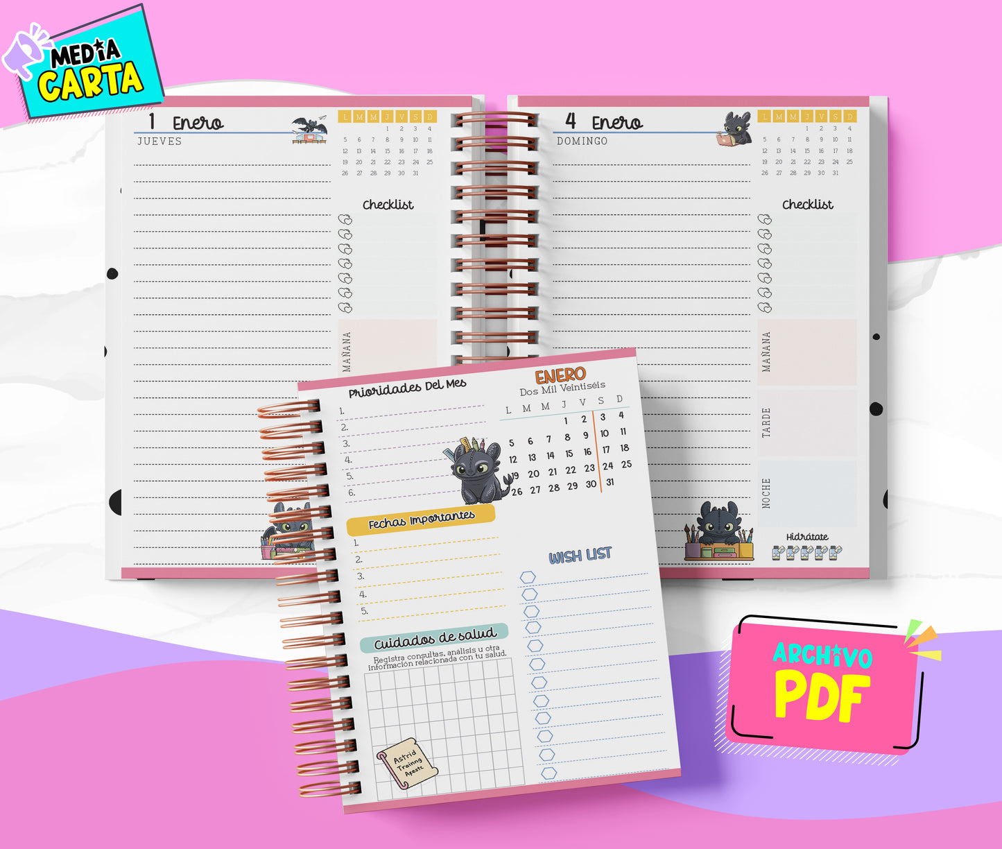 Agenda Diaria 2026 de Entrenar Dragon (PDF no editable) – Día por Página – Media Carta 14×21.5 cm – Español