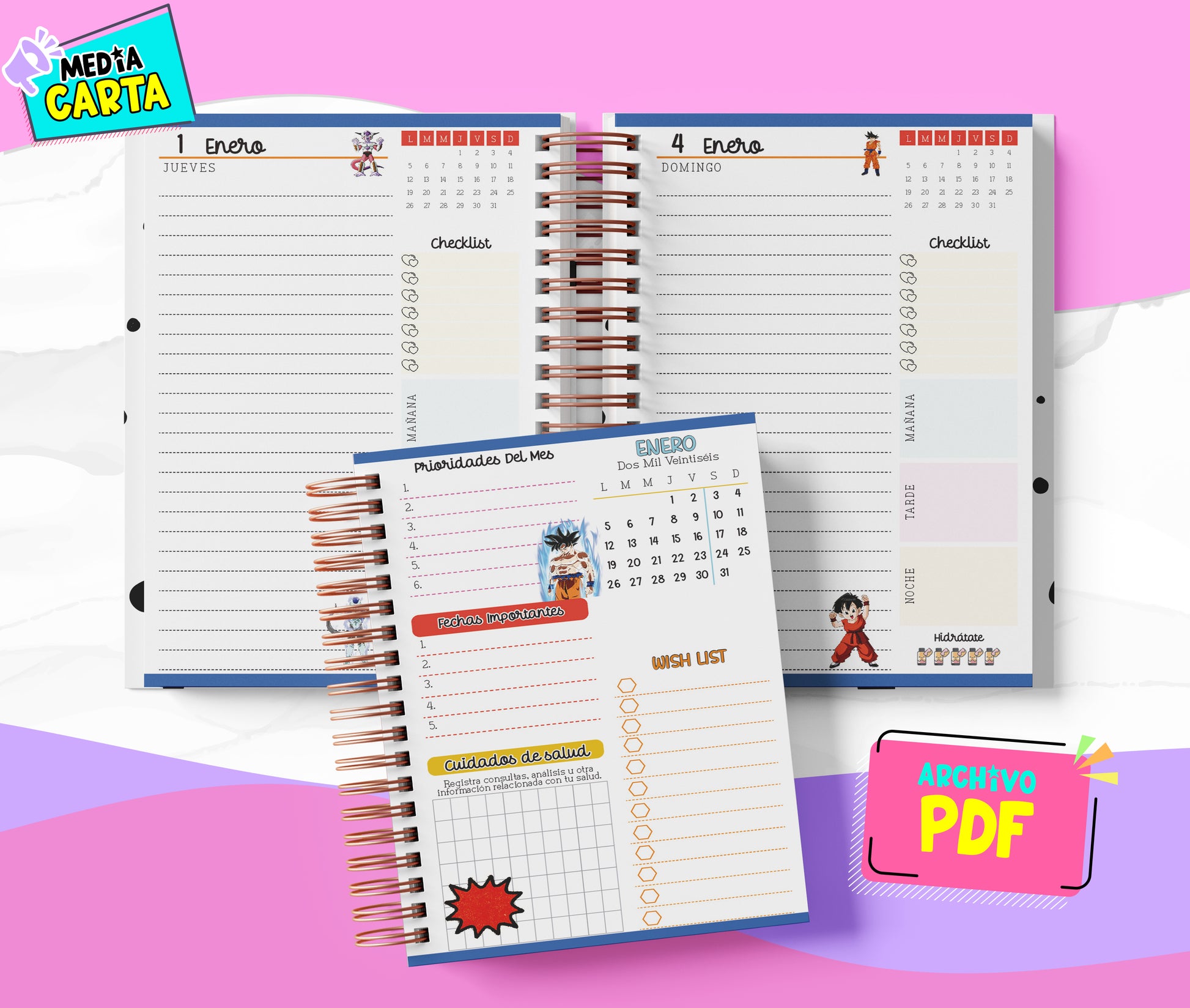 Agenda Diaria 2026 de Dragon Ball (PDF no editable) – Día por Página – Media Carta 14×21.5 cm – Español