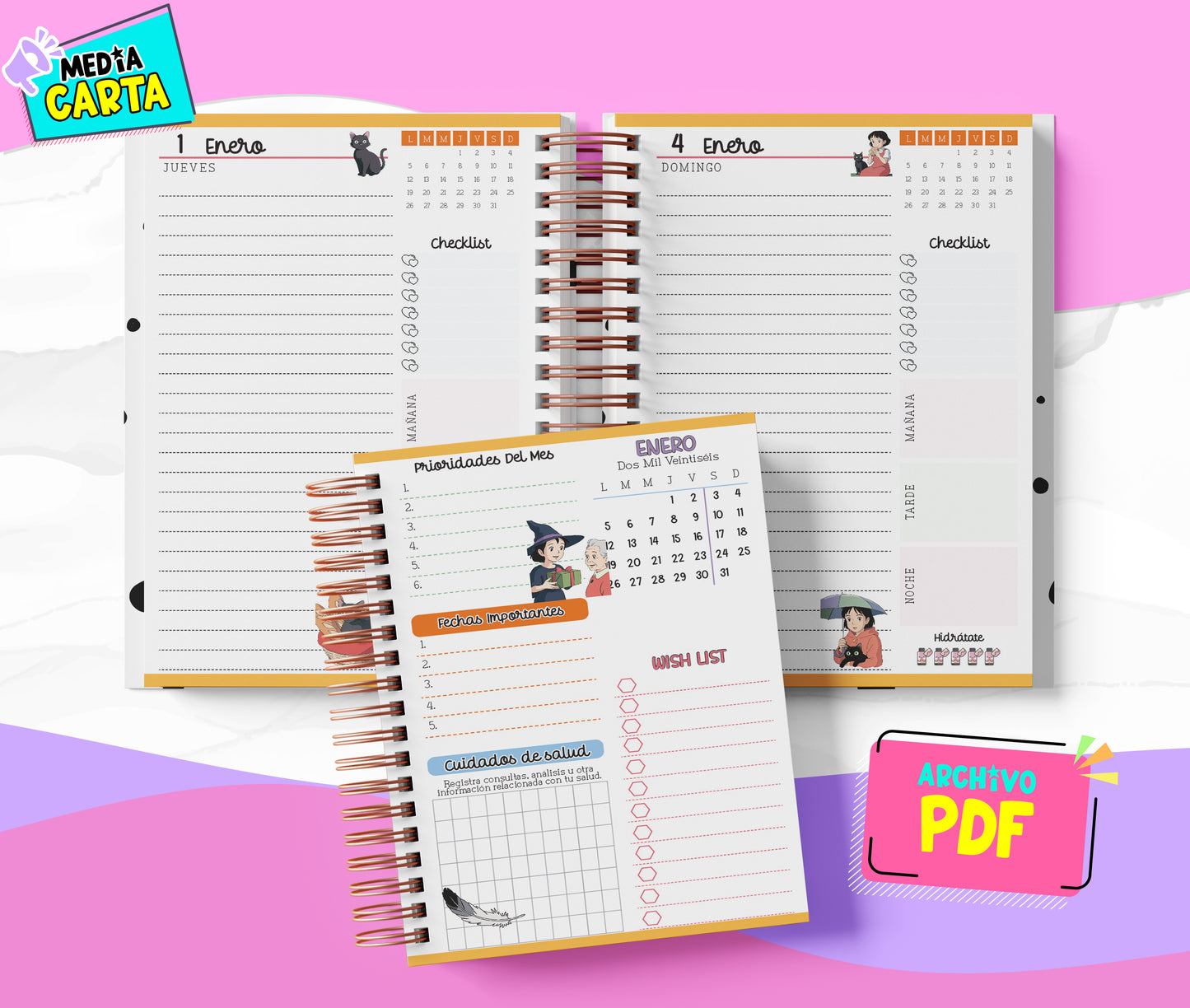 Agenda Diaria 2026 de Kikis (PDF no editable) – Día por Página – Media Carta 14×21.5 cm – Español