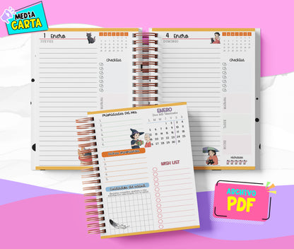 Agenda Diaria 2026 de Kikis (PDF no editable) – Día por Página – Media Carta 14×21.5 cm – Español