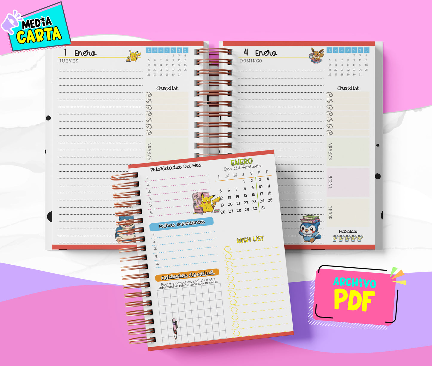 Agenda Diaria 2026 de Pokemon (PDF no editable) – Día por Página – Media Carta 14×21.5 cm – Español