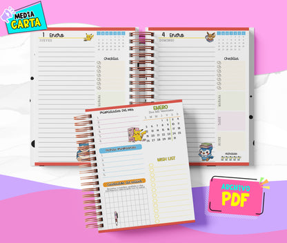 Agenda Diaria 2026 de Pokemon (PDF no editable) – Día por Página – Media Carta 14×21.5 cm – Español