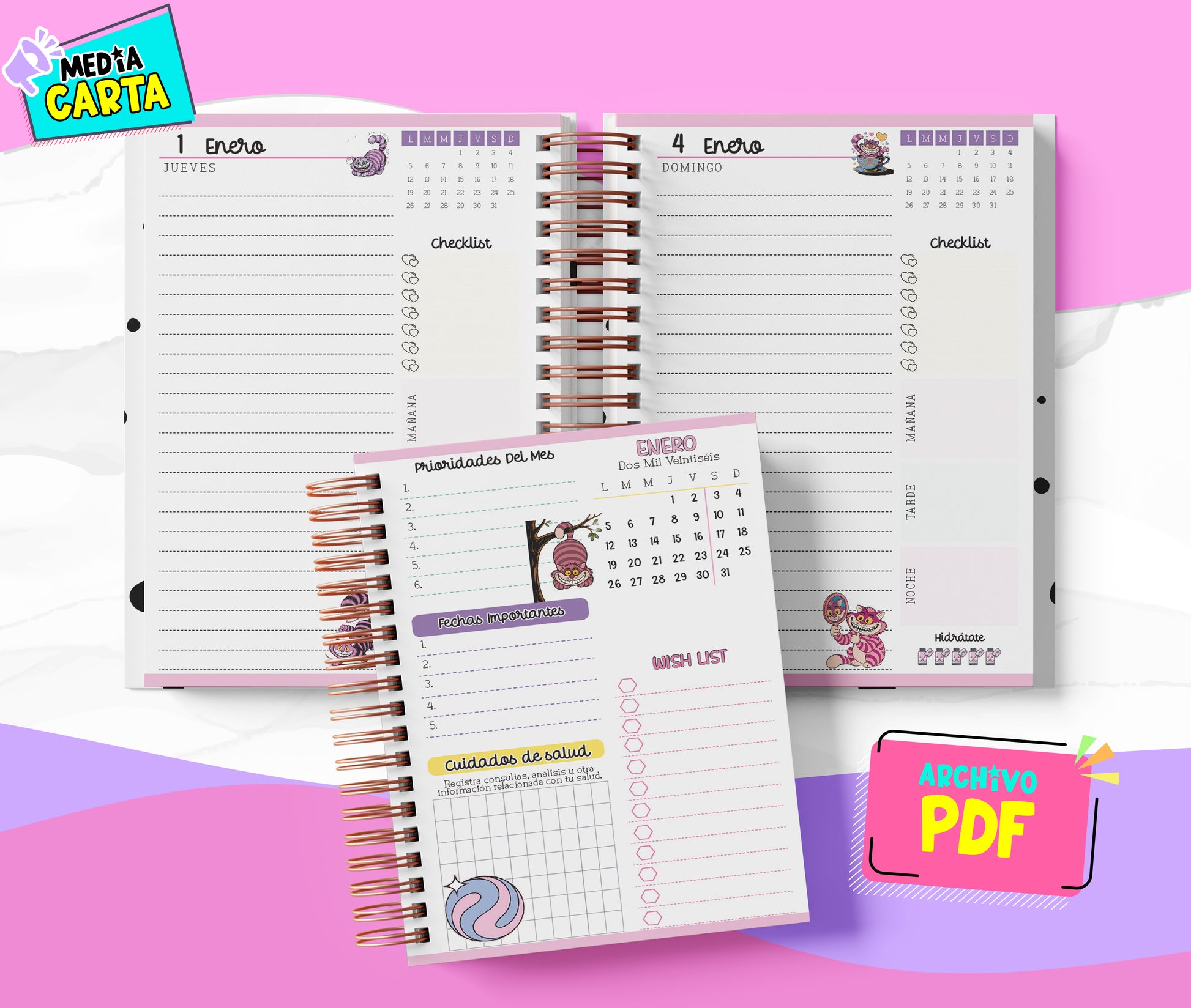 Agenda Diaria 2026 de Chesire Cat (PDF no editable) – Día por Página – Media Carta 14×21.5 cm – Español