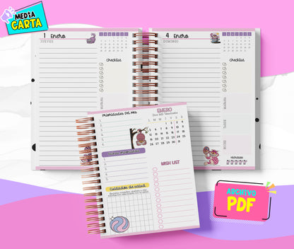 Agenda Diaria 2026 de Chesire Cat (PDF no editable) – Día por Página – Media Carta 14×21.5 cm – Español