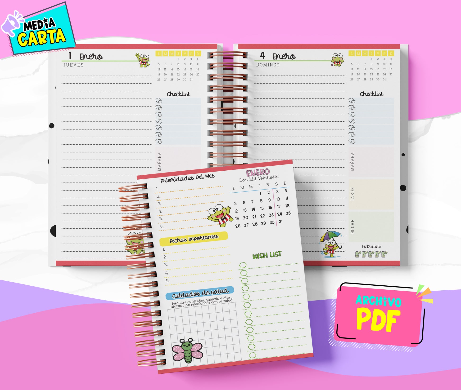 Agenda Diaria 2026 de Keroppi (PDF no editable) – Día por Página – Media Carta 14×21.5 cm – Español