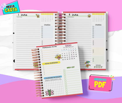 Agenda Diaria 2026 de Keroppi (PDF no editable) – Día por Página – Media Carta 14×21.5 cm – Español