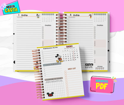 Agenda Diaria 2026 de Mickey (PDF no editable) – Día por Página – Media Carta 14×21.5 cm – Español