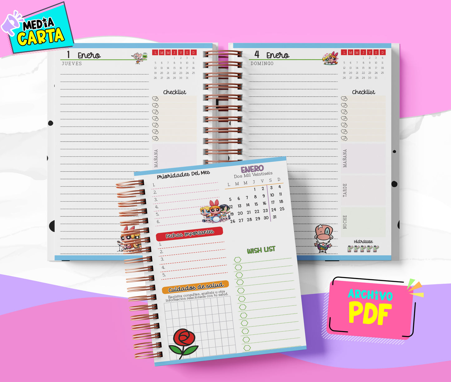 Agenda Diaria 2026 de Chicas Super Poderosas (PDF no editable) – Día por Página – Media Carta 14×21.5 cm – Español