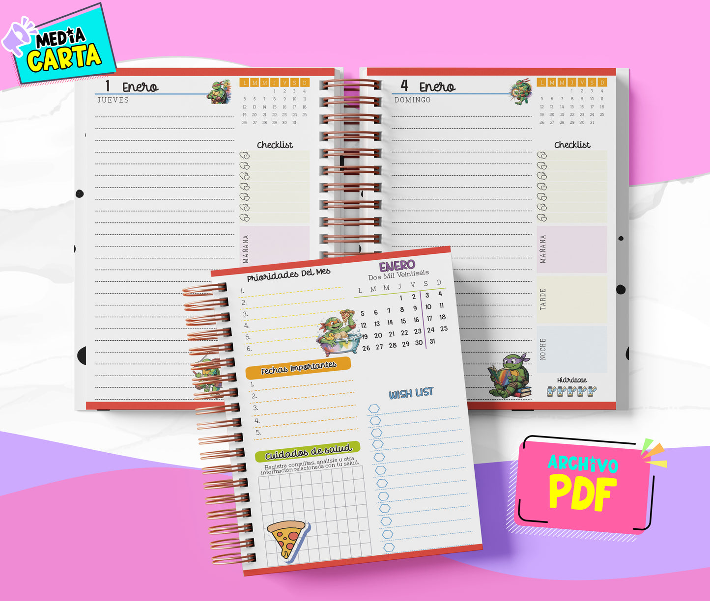 Agenda Diaria 2026 de Tortugas Ninja (PDF no editable) – Día por Página – Media Carta 14×21.5 cm – Español