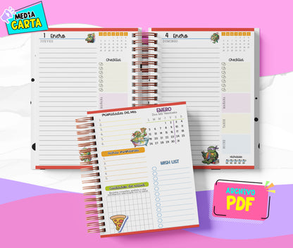 Agenda Diaria 2026 de Tortugas Ninja (PDF no editable) – Día por Página – Media Carta 14×21.5 cm – Español