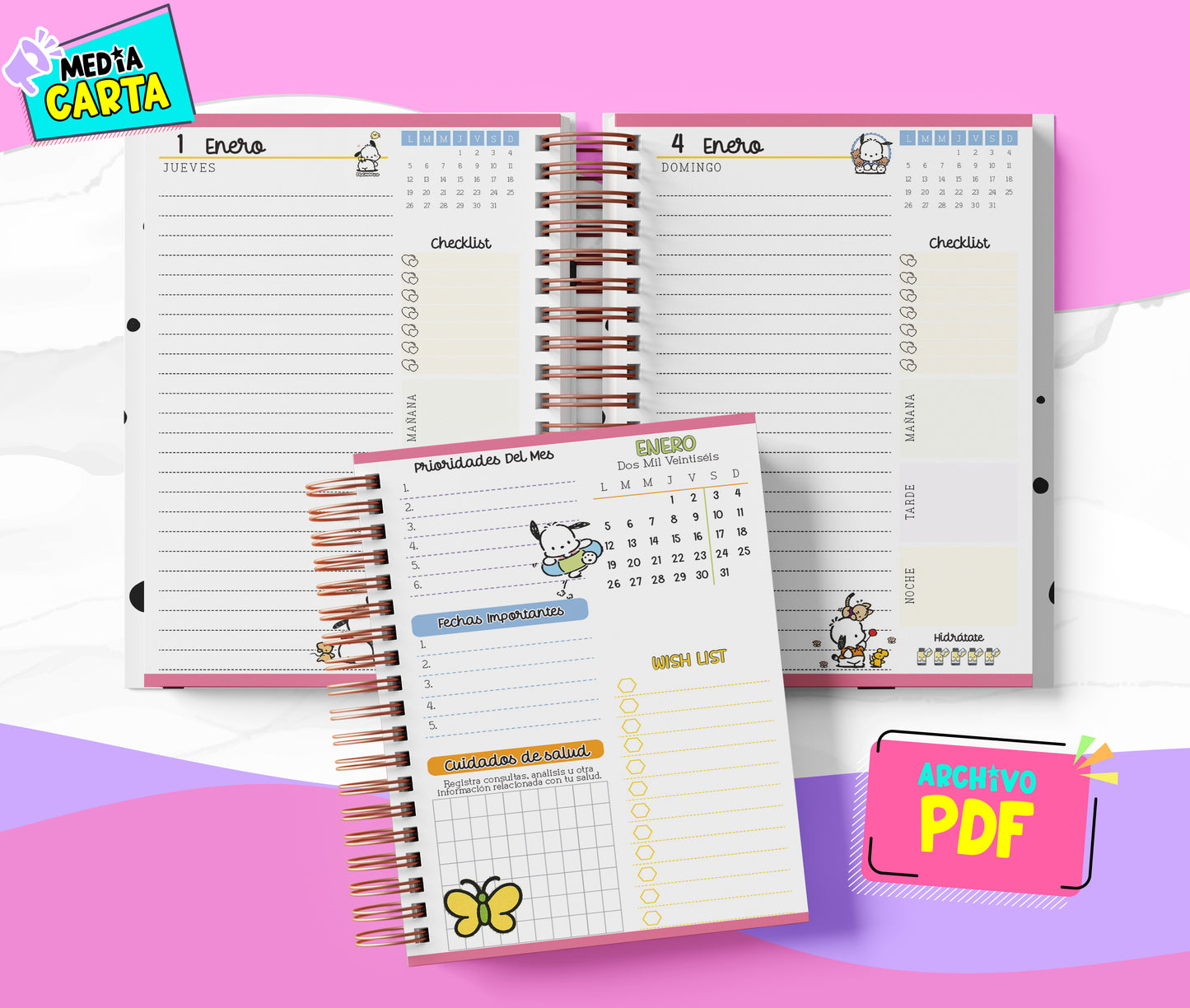 Agenda Diaria 2026 de Pochacco (PDF no editable) – Día por Página – Media Carta 14×21.5 cm – Español