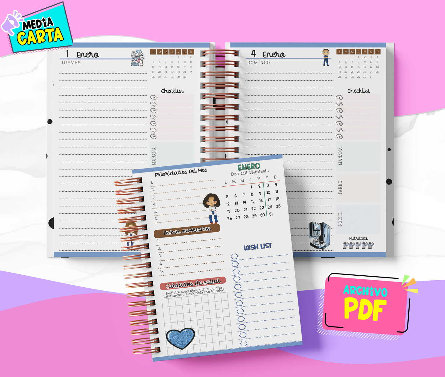 Agenda Diaria 2026 de Greys (PDF no editable) – Día por Página – Media Carta 14×21.5 cm – Español