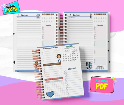 Agenda Diaria 2026 de Greys (PDF no editable) – Día por Página – Media Carta 14×21.5 cm – Español