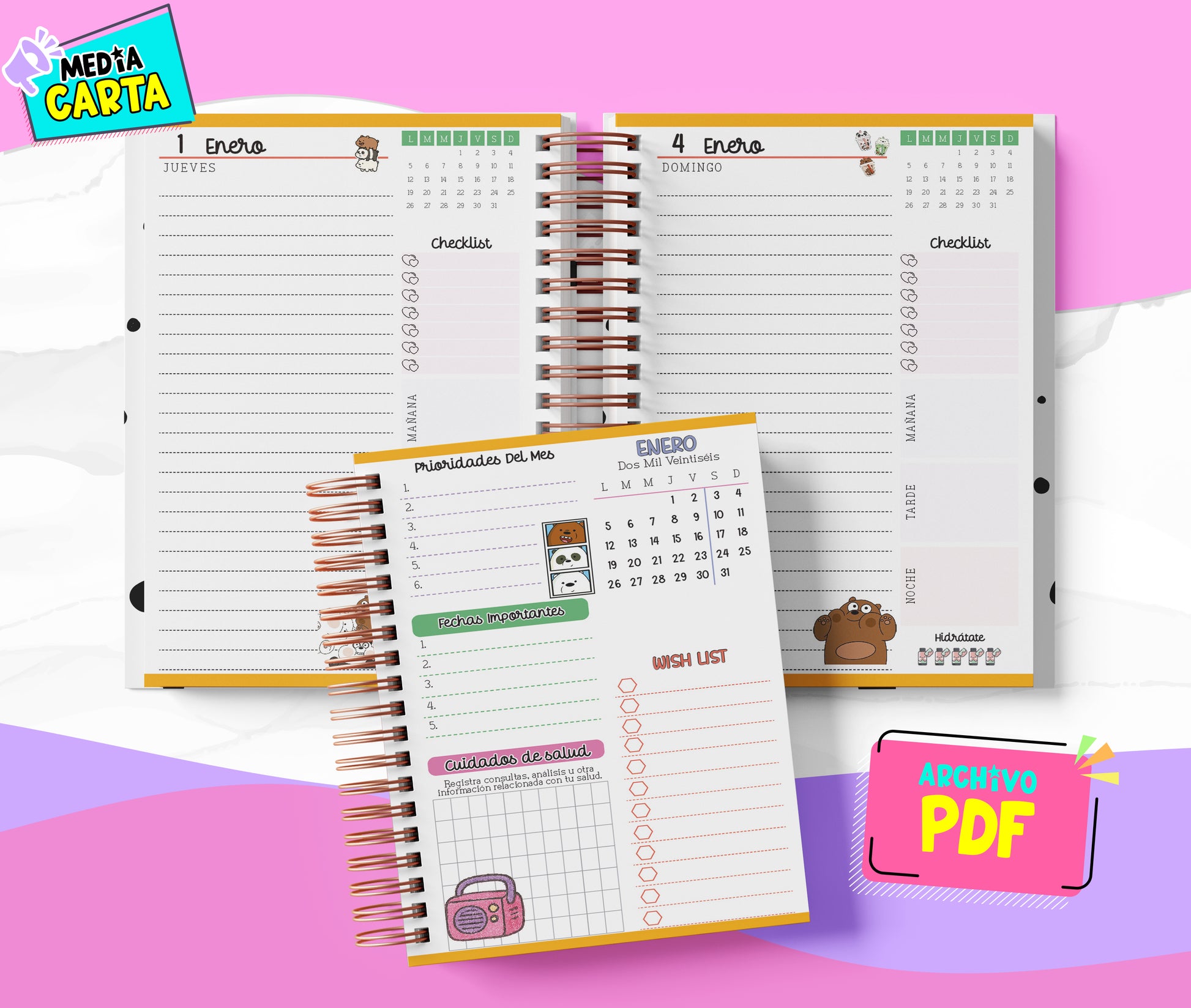 Agenda Diaria 2026 de Osos Escandalosos (PDF no editable) – Día por Página – Media Carta 14×21.5 cm – Español