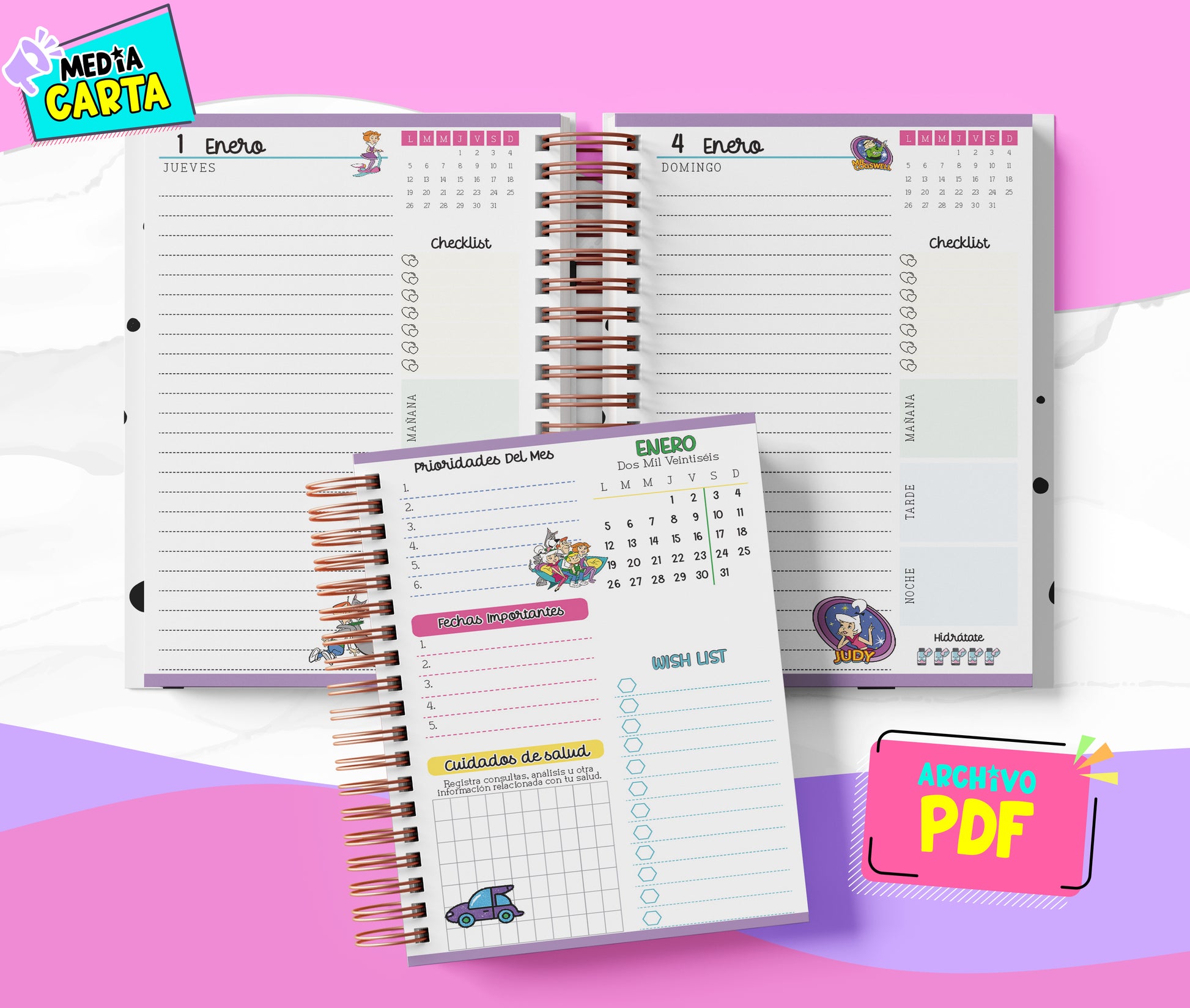 Agenda Diaria 2026 de Supersonicos (PDF no editable) – Día por Página – Media Carta 14×21.5 cm – Español