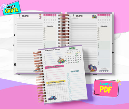 Agenda Diaria 2026 de Supersonicos (PDF no editable) – Día por Página – Media Carta 14×21.5 cm – Español