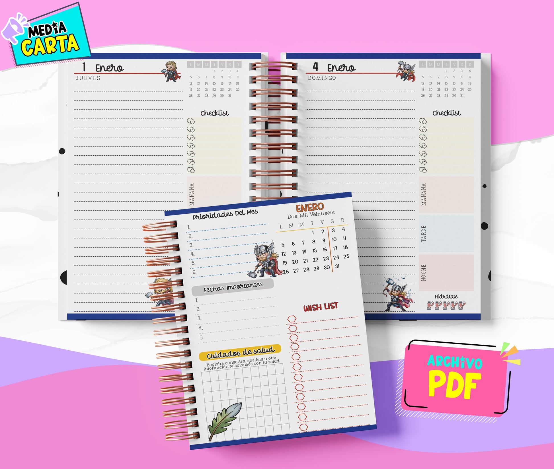 Agenda Diaria 2026 de Thor (PDF no editable) – Día por Página – Media Carta 14×21.5 cm – Español