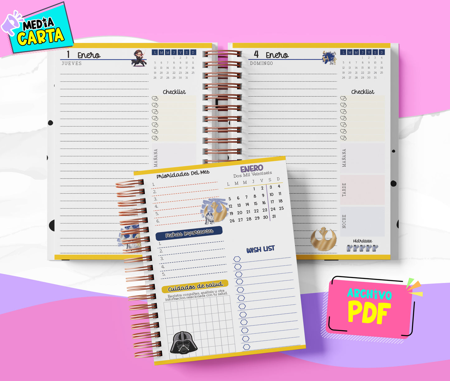 Agenda Diaria 2026 de Starwars (PDF no editable) – Día por Página – Media Carta 14×21.5 cm – Español