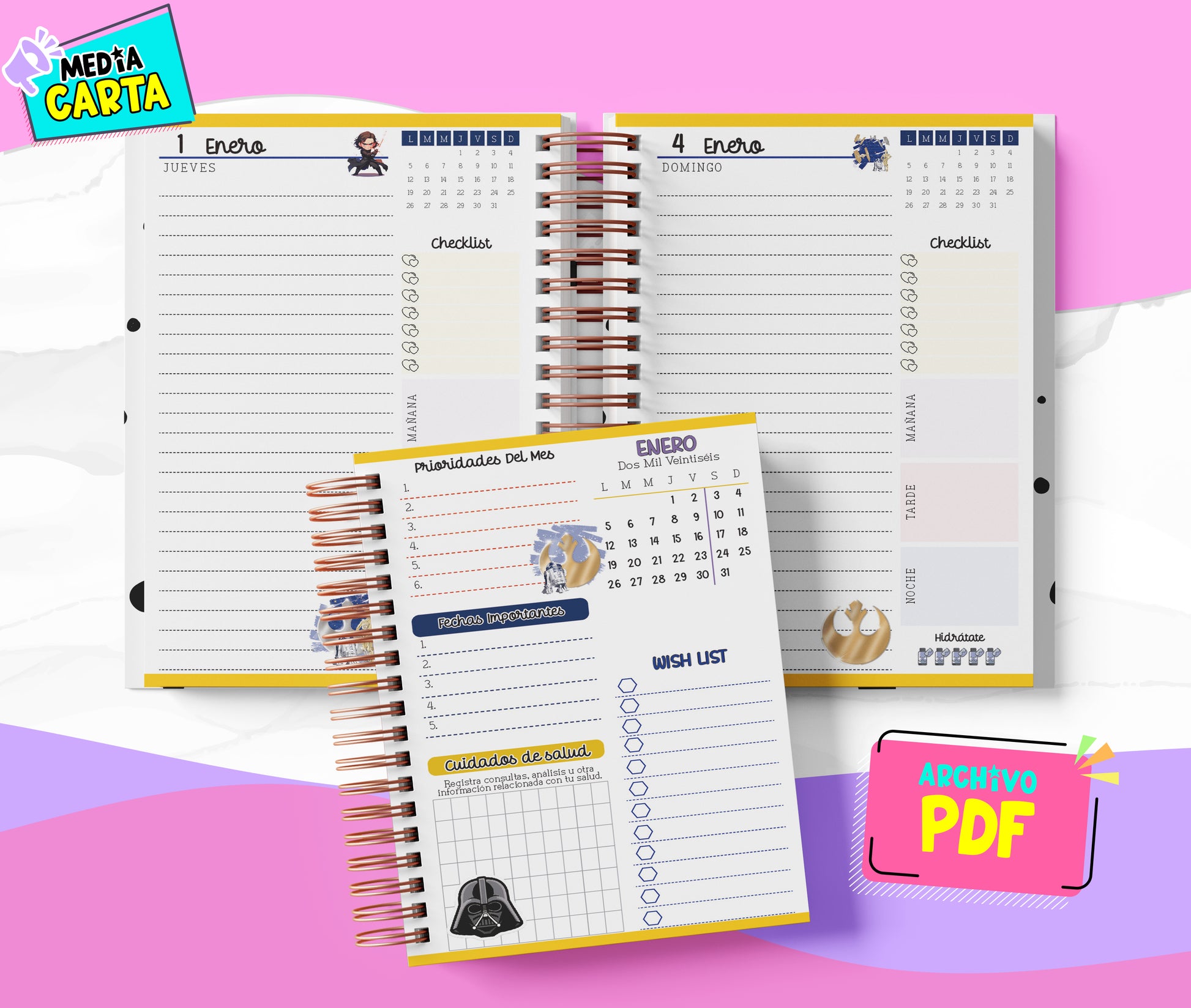 Agenda Diaria 2026 de Starwars (PDF no editable) – Día por Página – Media Carta 14×21.5 cm – Español