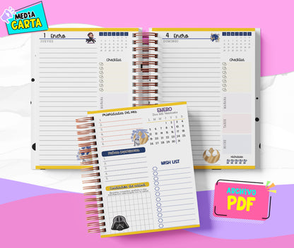 Agenda Diaria 2026 de Starwars (PDF no editable) – Día por Página – Media Carta 14×21.5 cm – Español