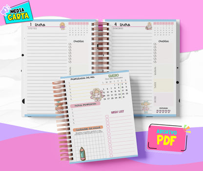 Agenda Diaria 2026 de Cute Dolls (PDF no editable) – Día por Página – Media Carta 14×21.5 cm – Español
