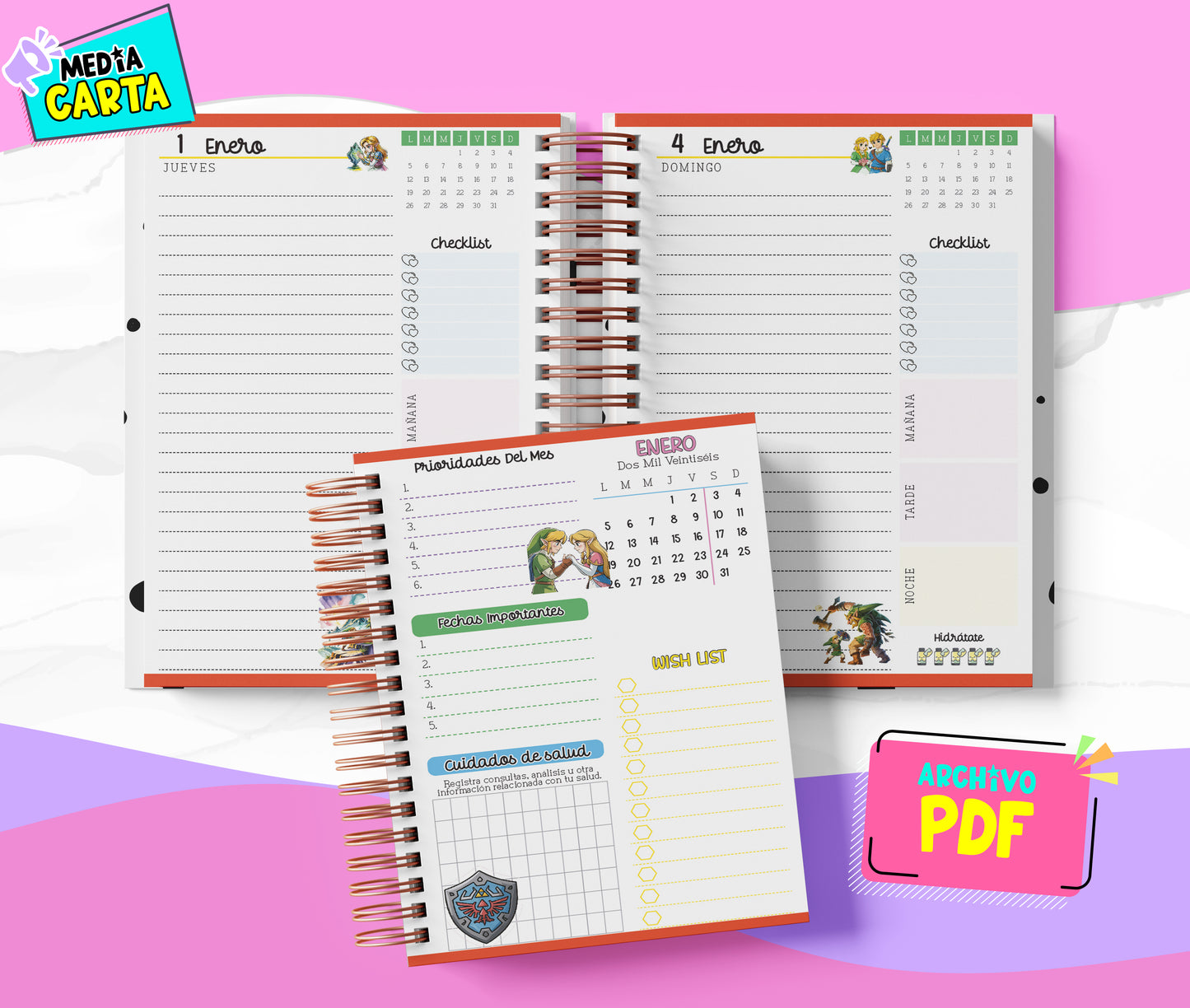 Agenda Diaria 2026 de Zelda (PDF no editable) – Día por Página – Media Carta 14×21.5 cm – Español