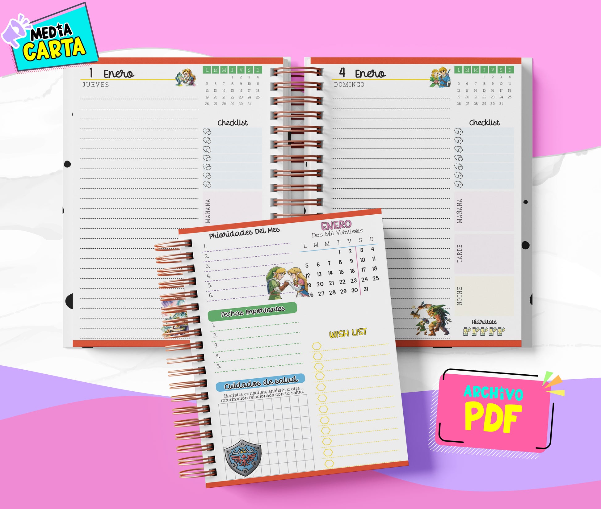 Agenda Diaria 2026 de Zelda (PDF no editable) – Día por Página – Media Carta 14×21.5 cm – Español