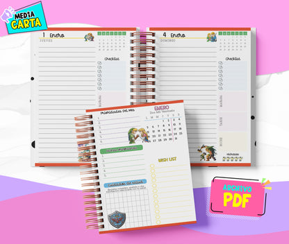 Agenda Diaria 2026 de Zelda (PDF no editable) – Día por Página – Media Carta 14×21.5 cm – Español