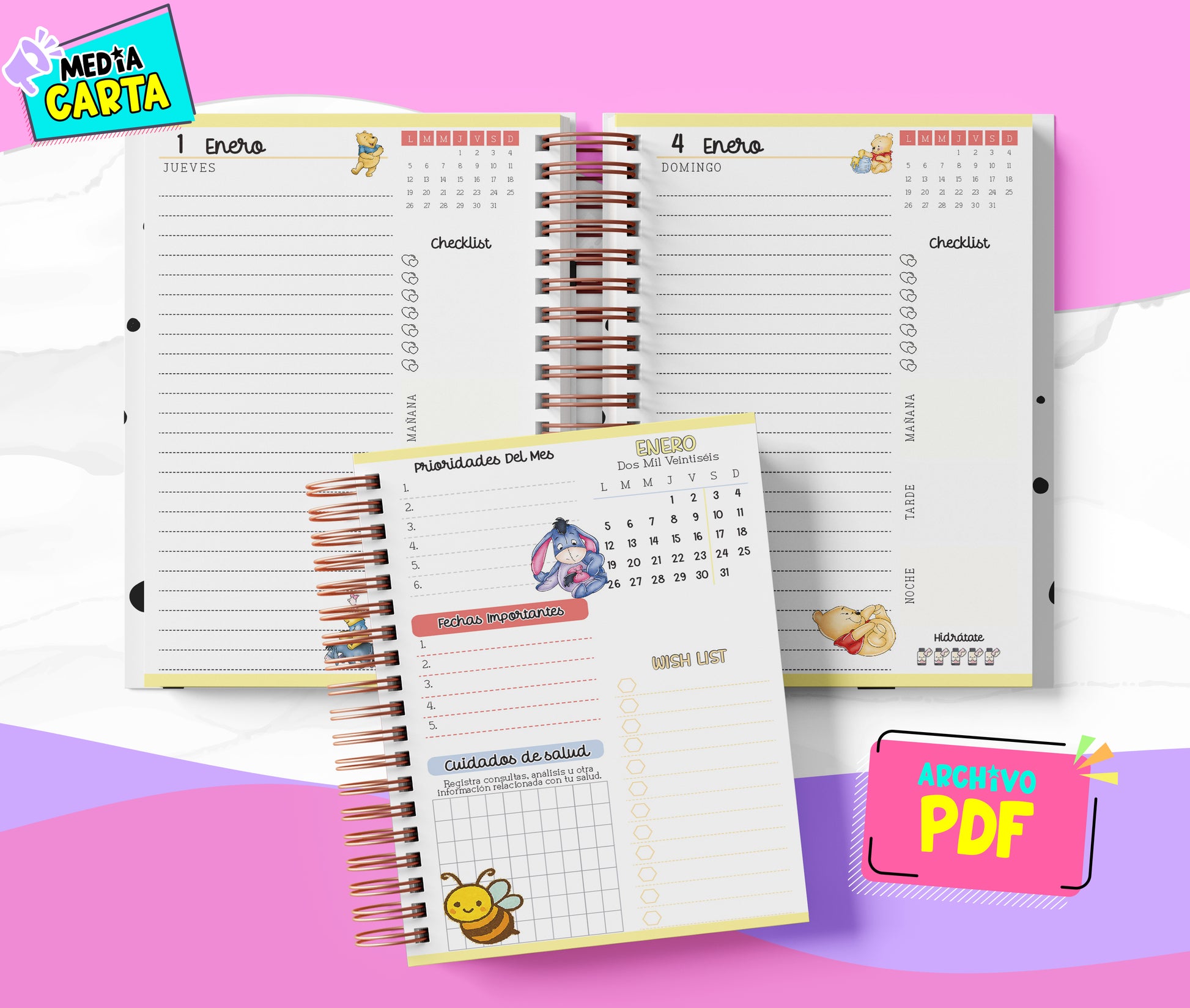 Agenda Diaria 2026 de Winnie (PDF no editable) – Día por Página – Media Carta 14×21.5 cm – Español