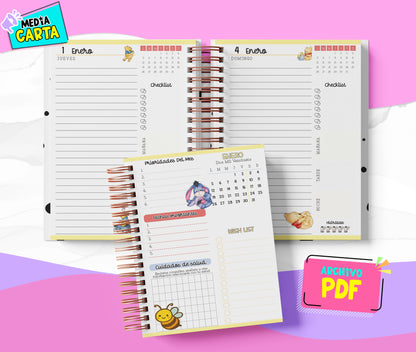 Agenda Diaria 2026 de Winnie (PDF no editable) – Día por Página – Media Carta 14×21.5 cm – Español