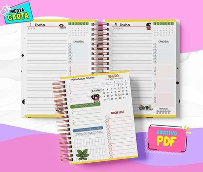 Agenda Diaria 2026 de Mafalda (PDF no editable) – Día por Página – Media Carta 14×21.5 cm – Español