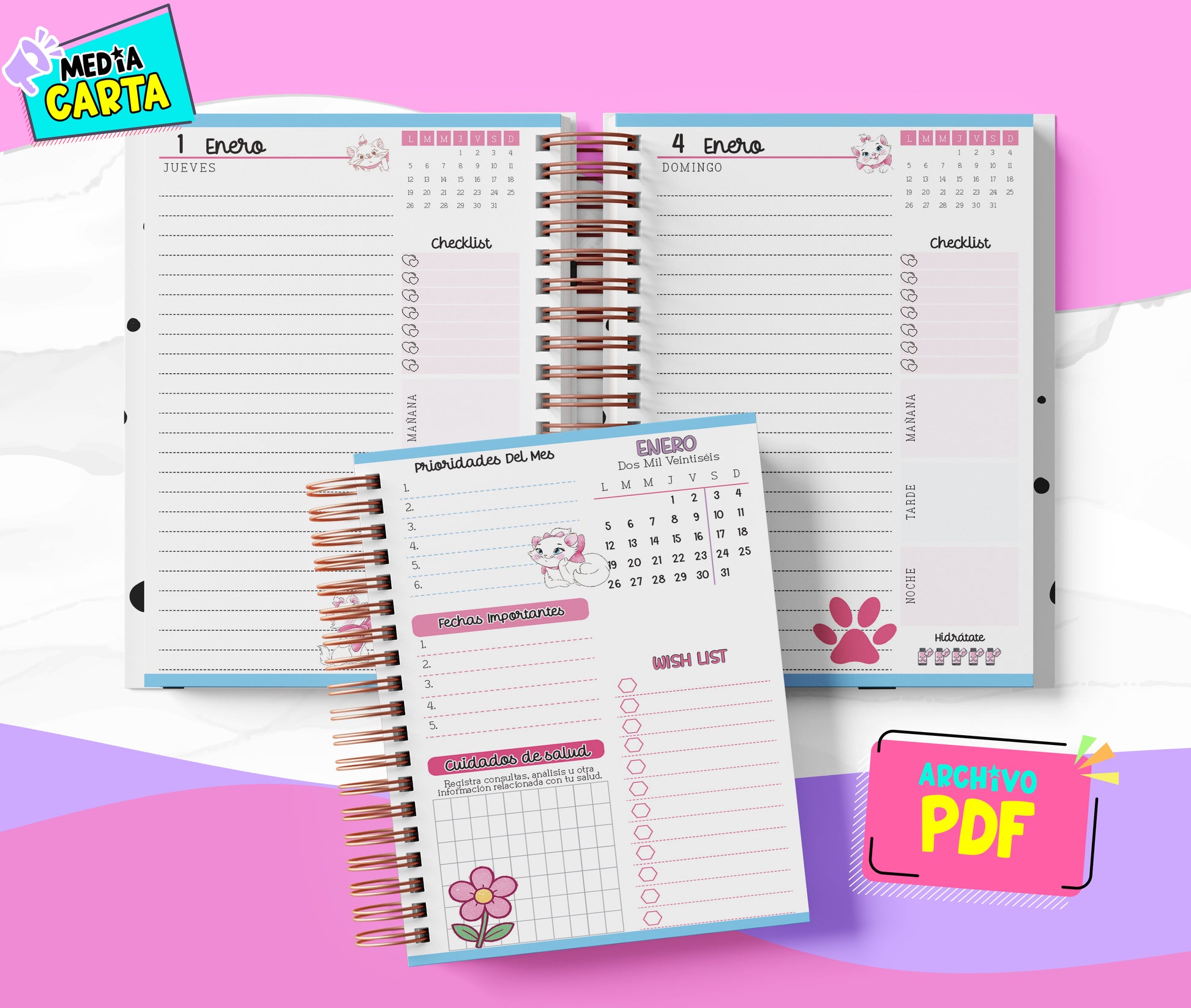 Agenda Diaria 2026 de Marie (PDF no editable) – Día por Página – Media Carta 14×21.5 cm – Español