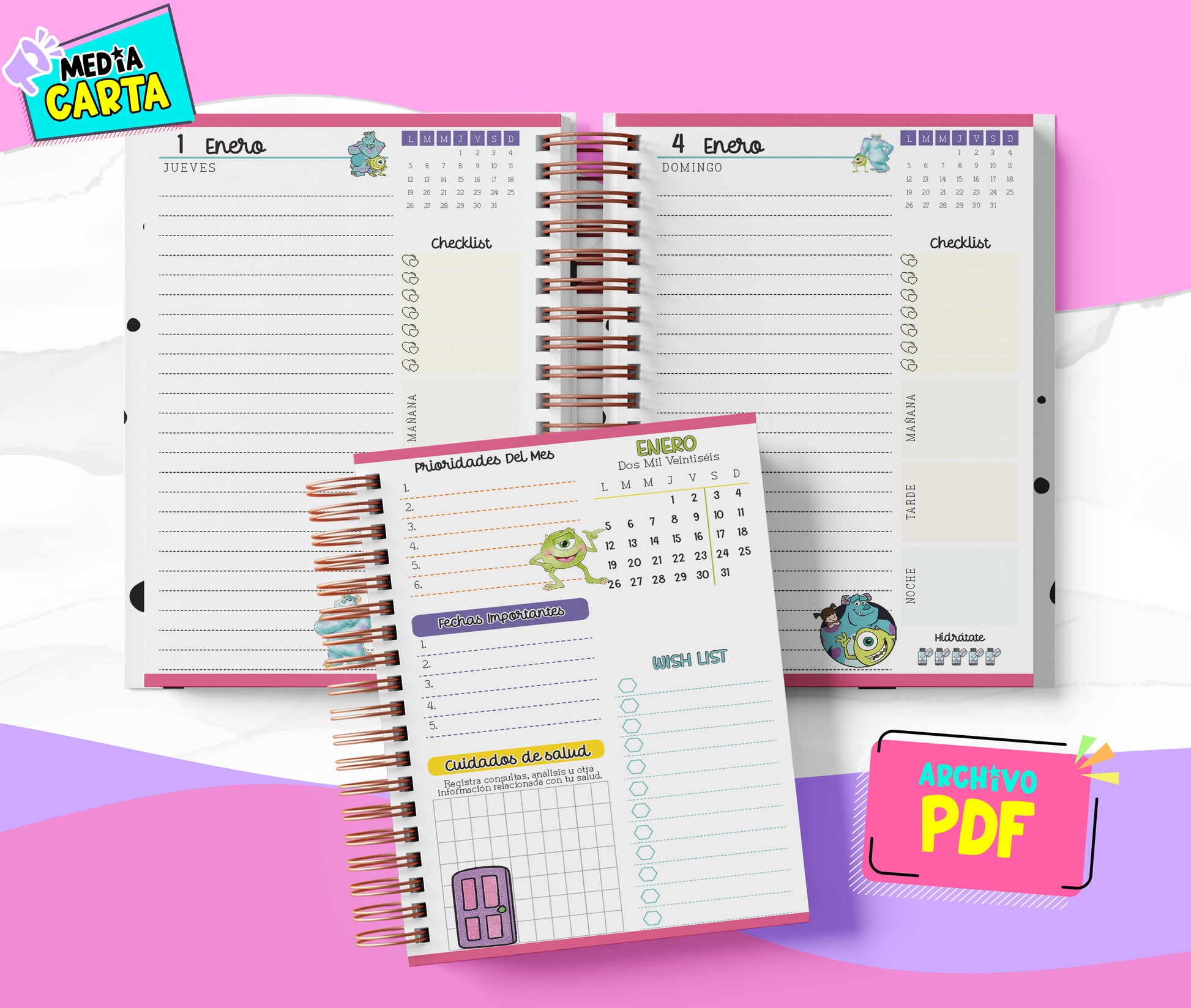 Agenda Diaria 2026 de Monsters Inc (PDF no editable) – Día por Página – Media Carta 14×21.5 cm – Español