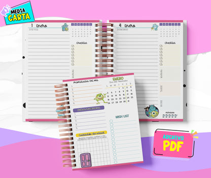 Agenda Diaria 2026 de Monsters Inc (PDF no editable) – Día por Página – Media Carta 14×21.5 cm – Español