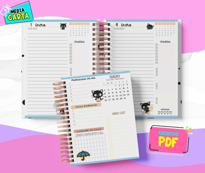Agenda Diaria 2026 de Chococat (PDF no editable) – Día por Página – Media Carta 14×21.5 cm – Español
