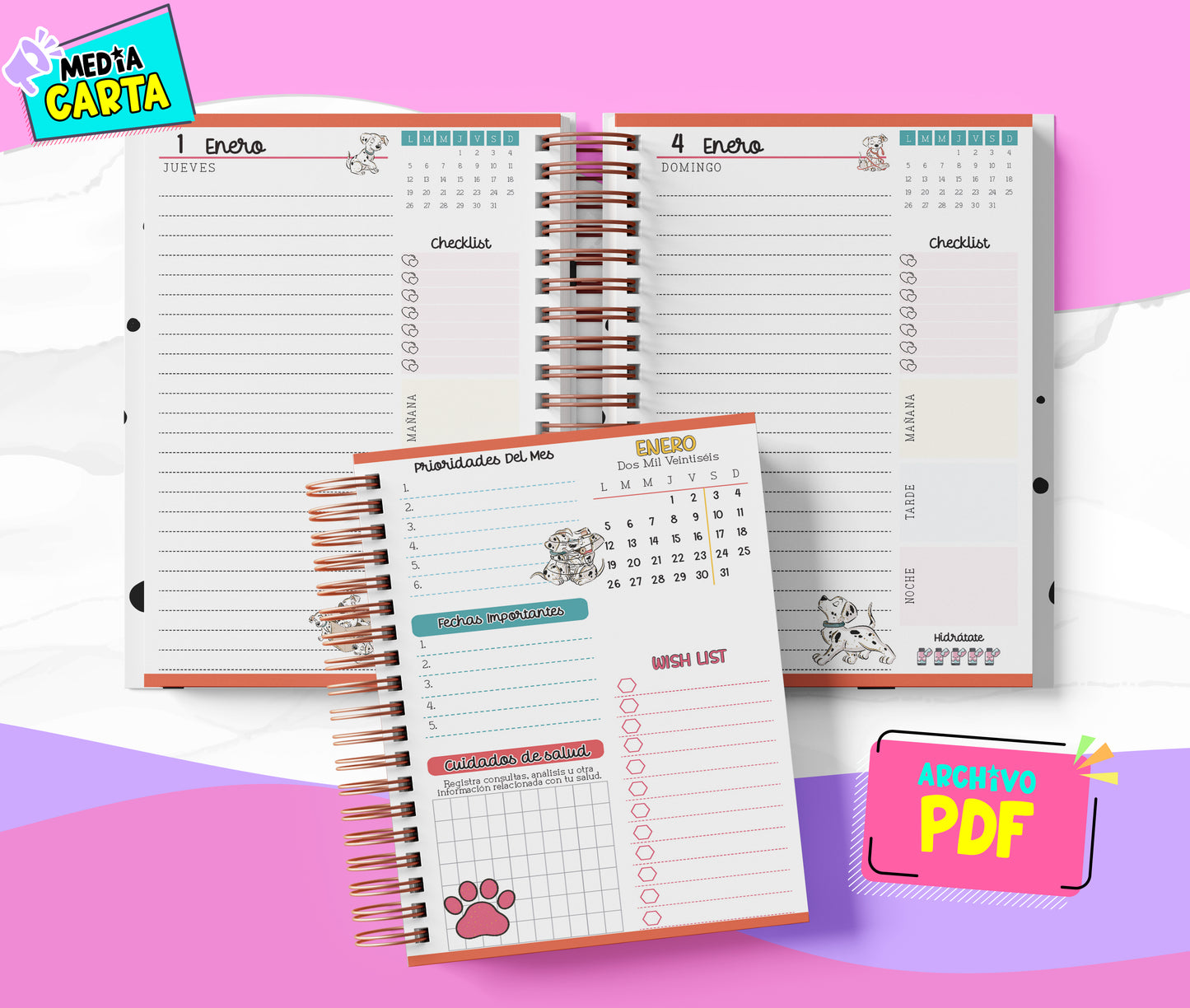 Agenda Diaria 2026 de Dalmatas (PDF no editable) – Día por Página – Media Carta 14×21.5 cm – Español