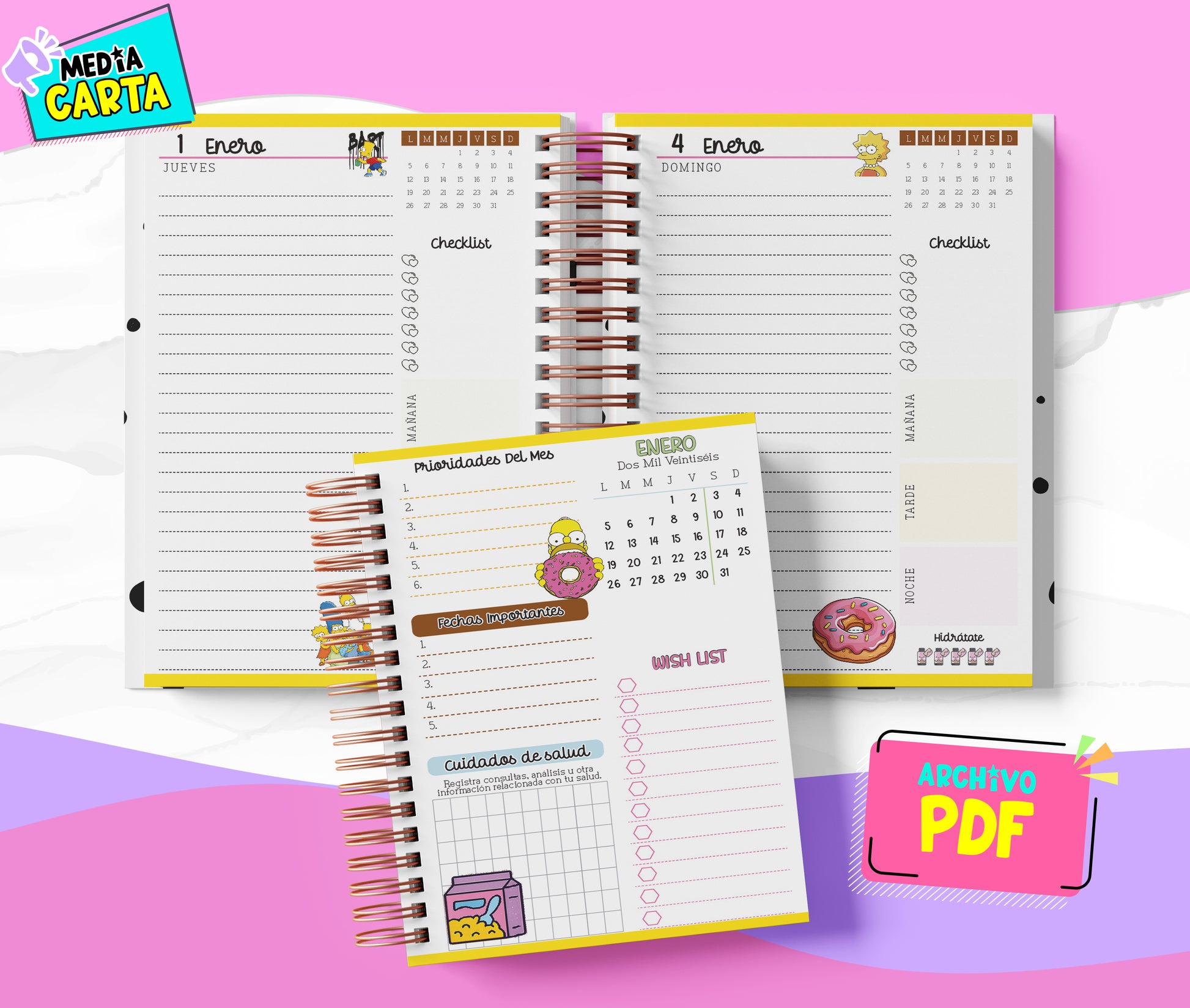 Agenda Diaria 2026 de Simpsons (PDF no editable) – Día por Página – Media Carta 14×21.5 cm – Español