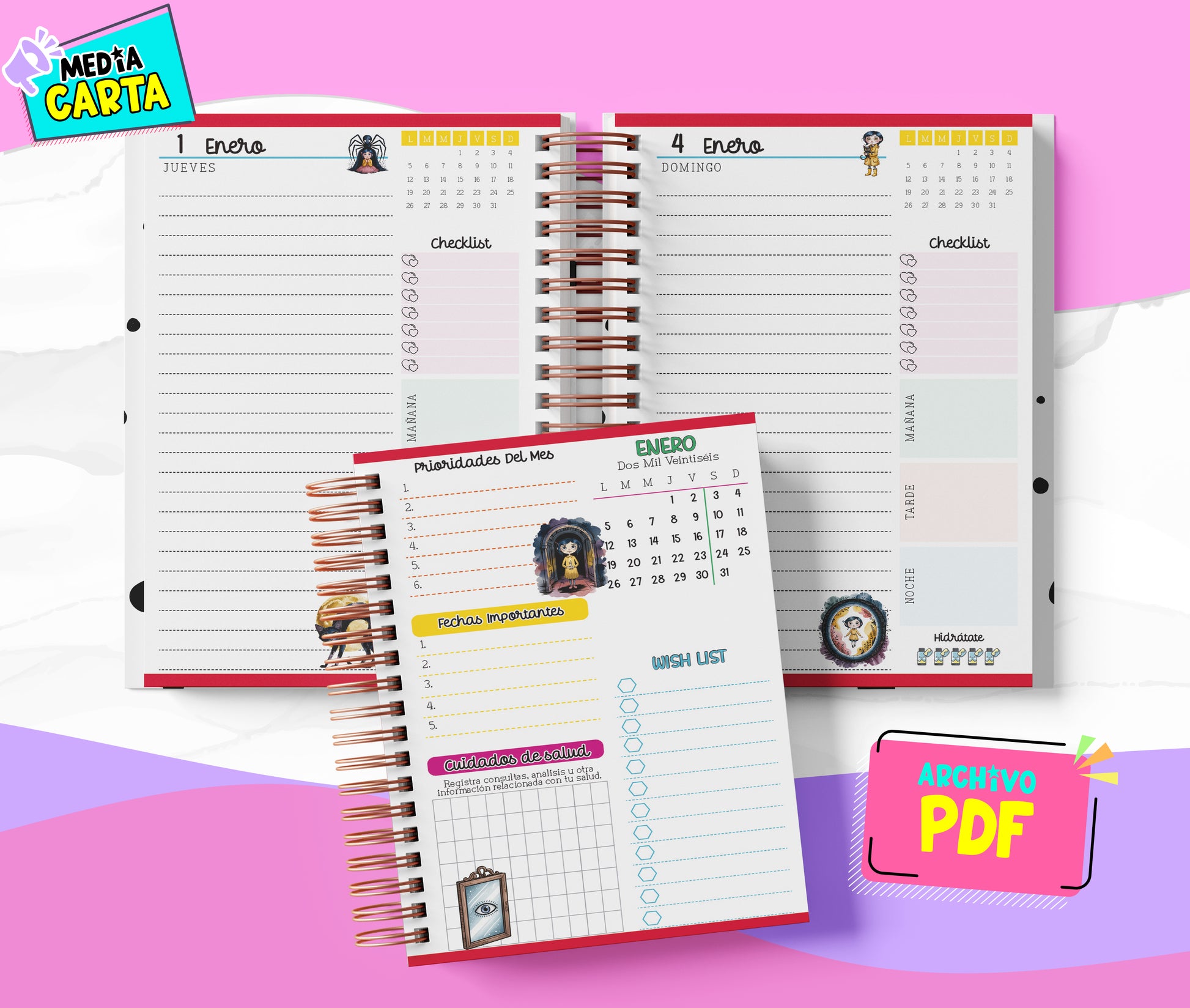 Agenda Diaria 2026 de Coraline (PDF no editable) – Día por Página – Media Carta 14×21.5 cm – Español