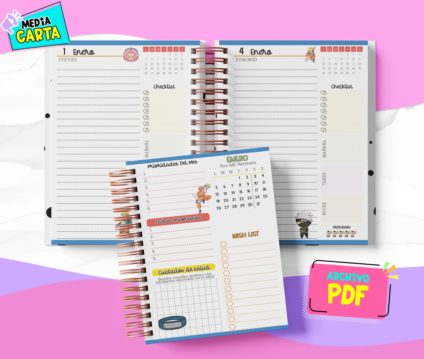 Agenda Diaria 2026 de Naruto (PDF no editable) – Día por Página – Media Carta 14×21.5 cm – Español