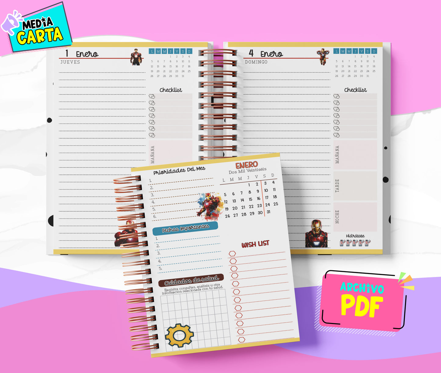 Agenda Diaria 2026 de Ironman (PDF no editable) – Día por Página – Media Carta 14×21.5 cm – Español