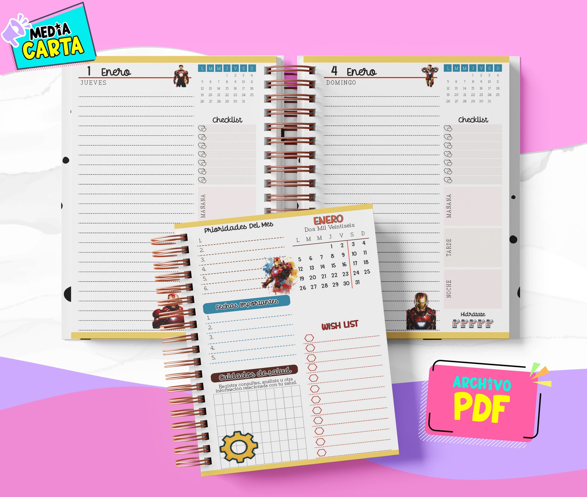 Agenda Diaria 2026 de Ironman (PDF no editable) – Día por Página – Media Carta 14×21.5 cm – Español