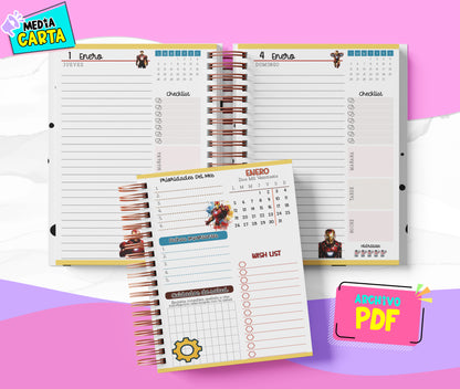 Agenda Diaria 2026 de Ironman (PDF no editable) – Día por Página – Media Carta 14×21.5 cm – Español