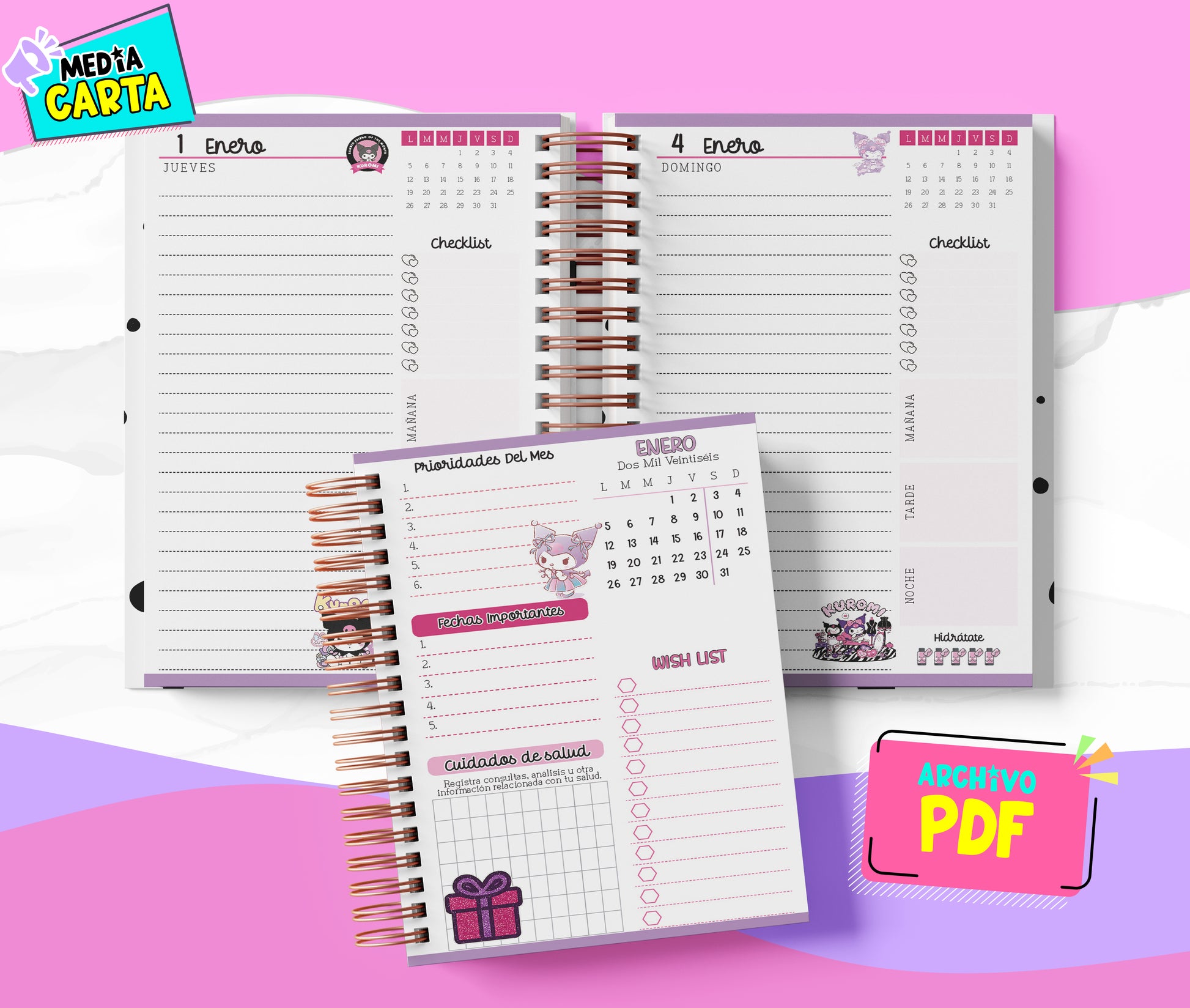 Agenda Diaria 2026 de Kuromi (PDF no editable) – Día por Página – Media Carta 14×21.5 cm – Español