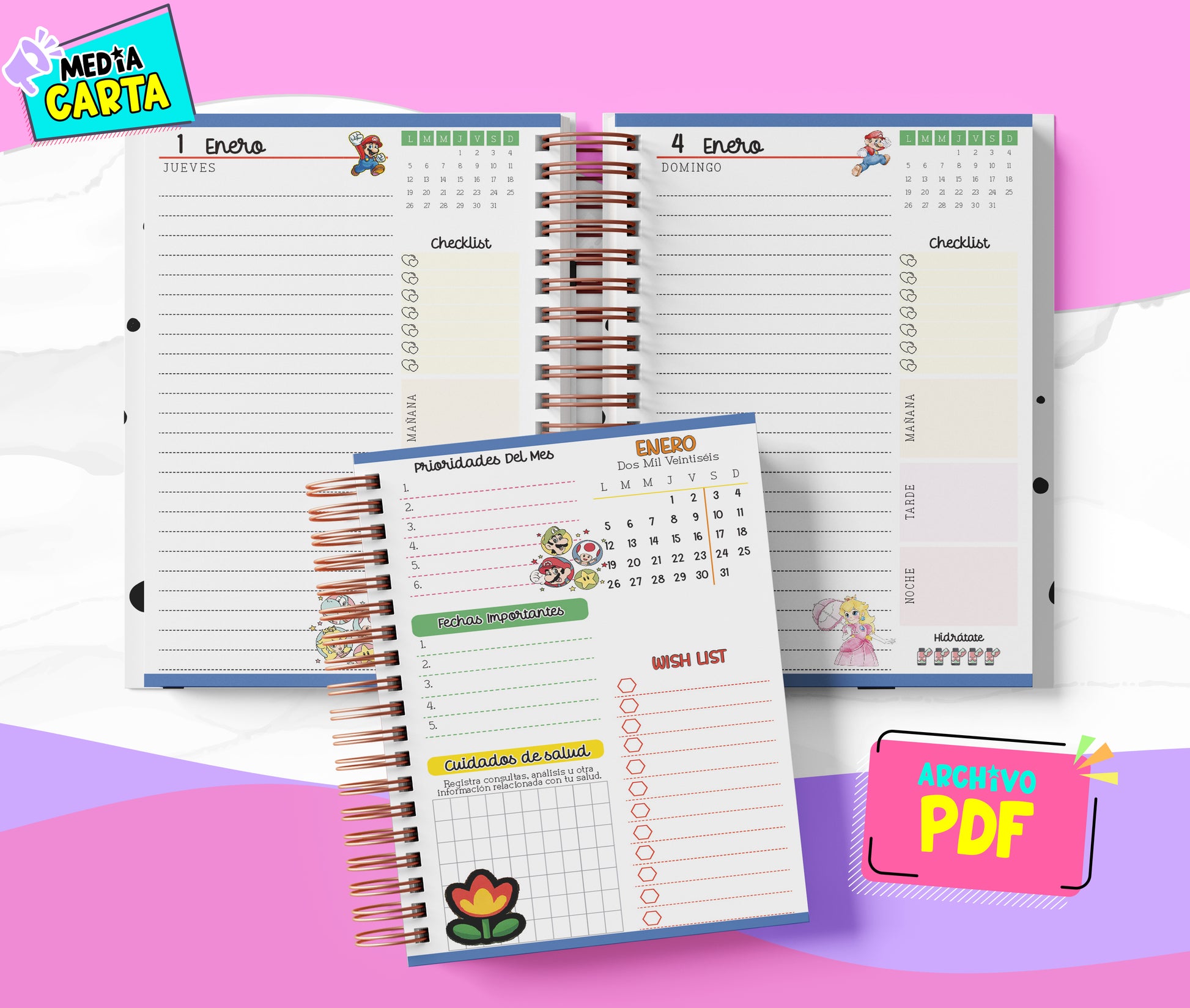 Agenda Diaria 2026 de Mario Bross (PDF no editable) – Día por Página – Media Carta 14×21.5 cm – Español