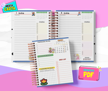 Agenda Diaria 2026 de Mario Bross (PDF no editable) – Día por Página – Media Carta 14×21.5 cm – Español
