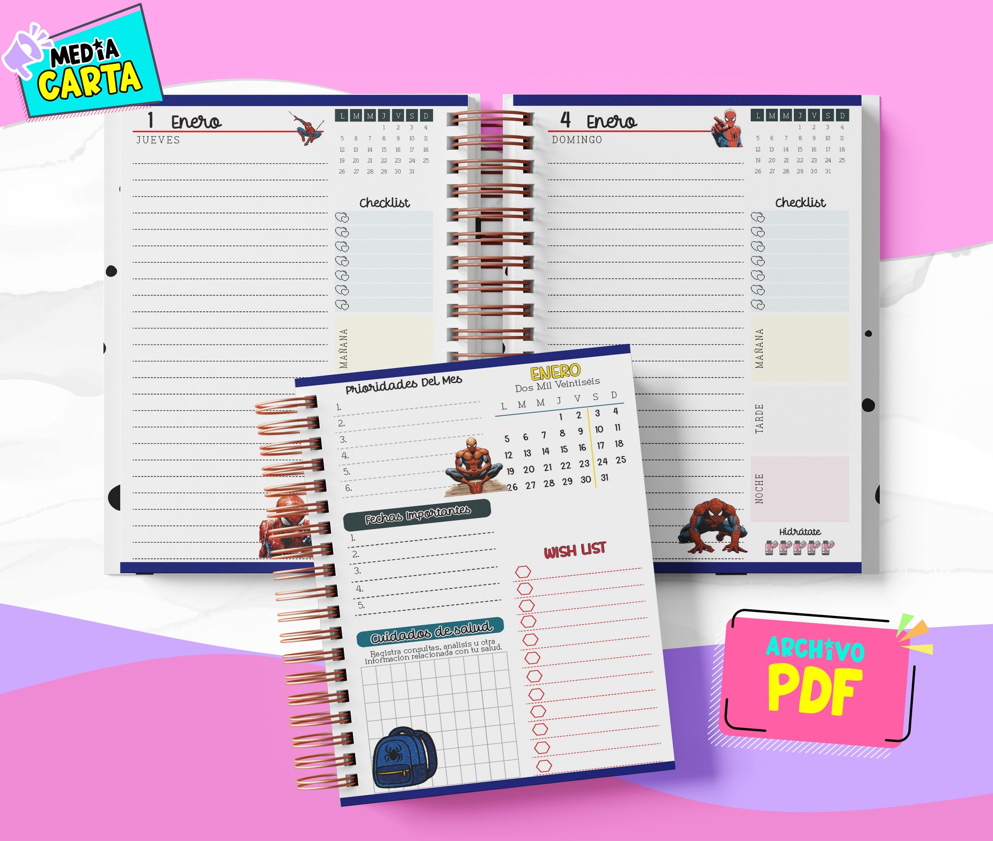 Agenda Diaria 2026 de Spiderman (PDF no editable) – Día por Página – Media Carta 14×21.5 cm – Español