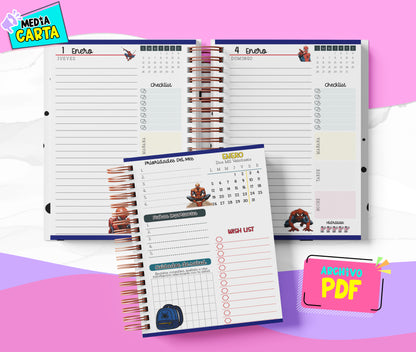 Agenda Diaria 2026 de Spiderman (PDF no editable) – Día por Página – Media Carta 14×21.5 cm – Español