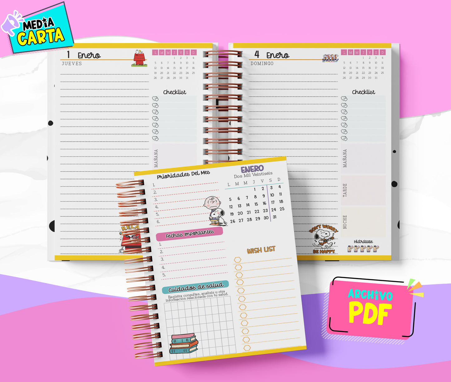 Agenda Diaria 2026 de Peanuts (PDF no editable) – Día por Página – Media Carta 14×21.5 cm – Español