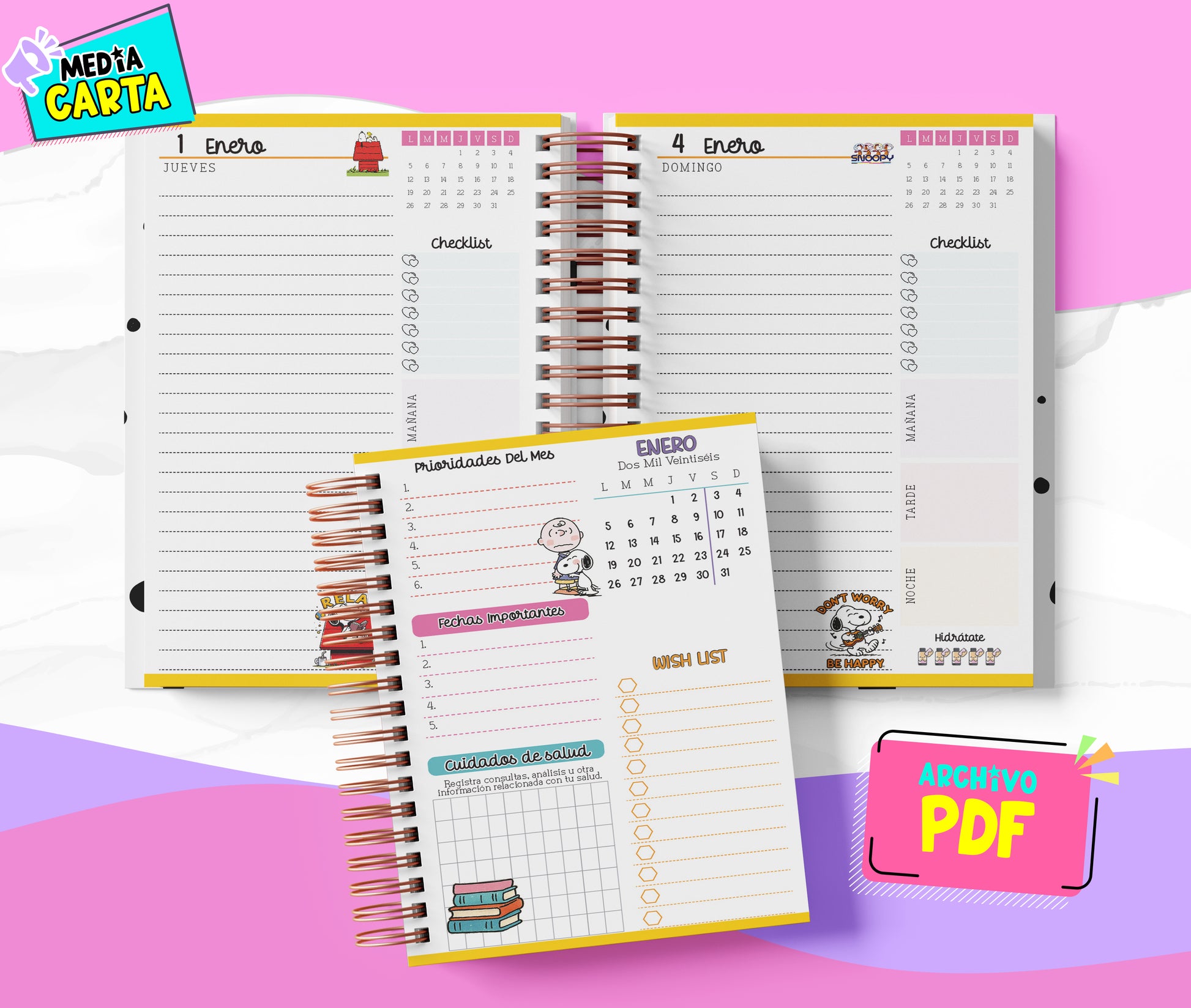 Agenda Diaria 2026 de Peanuts (PDF no editable) – Día por Página – Media Carta 14×21.5 cm – Español